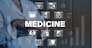 Medical statistical data closeup concept image with white glyph icons. Three quarter perspective photo of doctor with device on background. Picture for web banner, infographics, blog, news and article
