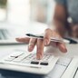 Finance planning, budget or savings manager calculating expenses, taxes or company profits with laptop, paperwork or calculator. Closeup hands of female financial leader checking office staff payroll.