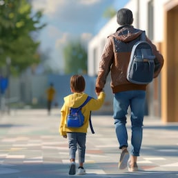 Parent walking hand-in-hand with a child towards a school entrance, Back to school, Parental support