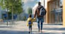 Parent walking hand-in-hand with a child towards a school entrance, Back to school, Parental support