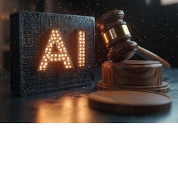 Wooden gavel stands near illuminated ai sign, symbolizing legal and regulatory aspects of artificial intelligence