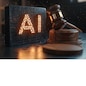 Wooden gavel stands near illuminated ai sign, symbolizing legal and regulatory aspects of artificial intelligence