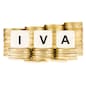 Taxation concept. The letters IVA (Spanish Value Added Tax) on dice on piles of gold coins on a white background.