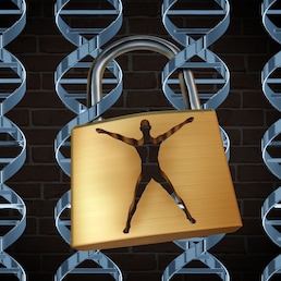 Genetic prison and human engineering of DNA as the biotechnology science concept for unlocking the secrects of the human genome to free humans of disease and inherited illness through scientific research with dna strands as jail bars and a lock shaped as a person.