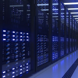 Data Center Computer Racks In Network Security Server Room. Cryptocurrency Mining Farm or Hosting Storage Connected Dots Programming Code And Binary Concept. 3D render dark blue