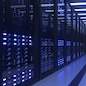 Data Center Computer Racks In Network Security Server Room. Cryptocurrency Mining Farm or Hosting Storage Connected Dots Programming Code And Binary Concept. 3D render dark blue