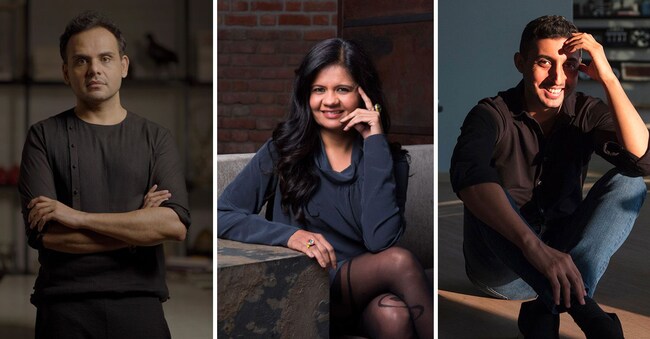 A sinistra, Ashiesh Shah, proprietario dell’omonimo studio di interior a Mumbai; in centro la designer Gunjan Gupta, fondatrice di Studio Wrap e creatrice del brand Ikkis; a destra, l’interior Rooshad Shroff, che a Mumbai ha inaugurato la sua prima galleria.