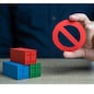 Shipping containers and prohibition symbol NO. Ban on import of goods. Sanctions and embargoes. Trade wars. Container shortage crisis. Blocking of cargo and blockade of trade routes.