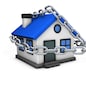 House security concept with a home icon model locked with chain and padlock 3D illustration isolated on white background.