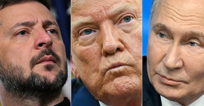 Volodymir Zelensky, Donald Trump e Vladimir Putin (Photo by AFP)
