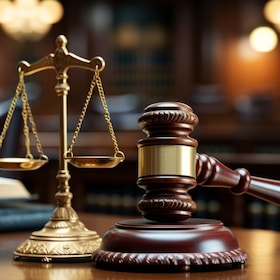 Close-up shot of the gavel on the judge's desk symbolizing court trials, justice, and legal decisions in the courtroom. The gavel and scales of justice representing law and justice concepts