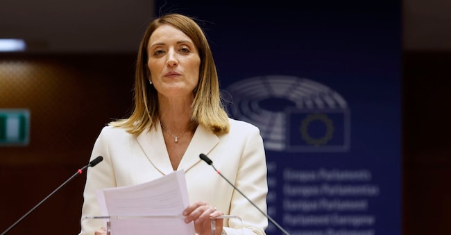 European Parliament President Roberta Metsola addresses MEP's during a plenary session at the European Parliament building in Brussels, Wednesday, May 21, 2025. (AP Photo/Geert Vanden Wijngaert)