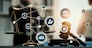 Smart law, legal advice icons and lawyer working tools in the lawyers office showing concept of digital law and online technology of astute law and regulations .