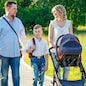 active big family father, mother, son and baby in stroller walking in the park