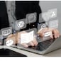 Businessman using laptop computer icon virtual screen education online and e learning on desk.