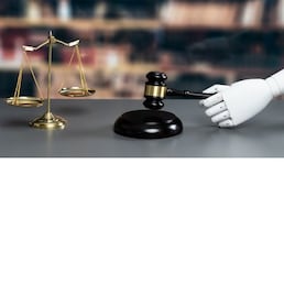 Future innovative concept of efficient and fair justice system with closeup robotic hand holding gavel as artificial intelligence in transparent judicial proceedings by an AI judge. Equilibrium