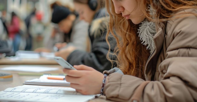 CELLULARE A SCUOLA IN CLASSE SMARTPHONE STUDENTI LEZIONE AULA GENERATE AI IA TELEFONO STUDENTE AULA CELLULARI