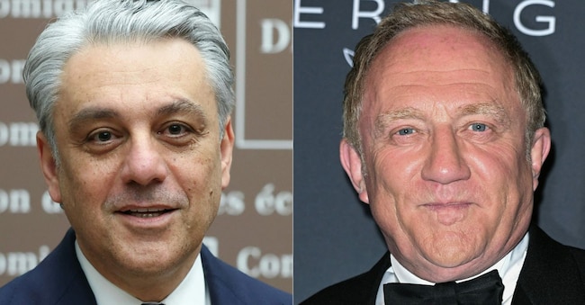 Luca De Meo e François-Henri Pinault. (Photo by ALAIN JOCARD and Bertrand GUAY / AFP)