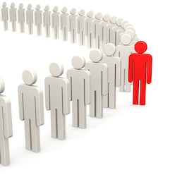 Outstanding person in red from queue 3D rendering