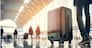 A business traveler walking through the airport departure area with a suitcase, bright sunlight in background. Generative Ai.
