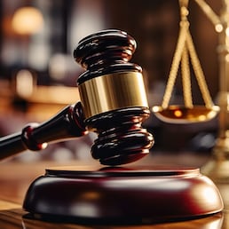Close-up of gavel on judge desk, symbolizing court trial, justice and legal decisions in courtroom