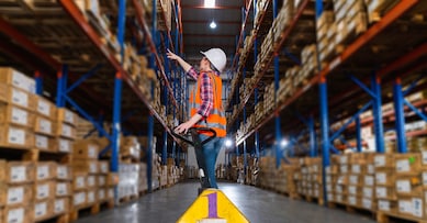 A caucasian female worker pulling a pallet truck in a large distribution center. Woman searching the location of parcel on the shelf for loading the boxes.