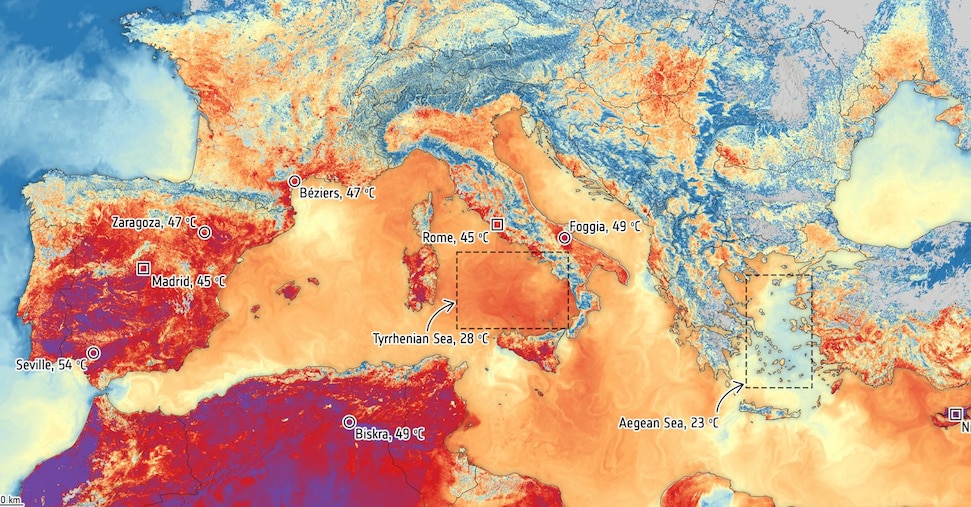 La cupola di calore in Europa: le temperature effettive della superficie terrestre