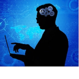Artificial intelligence concept with man and laptop