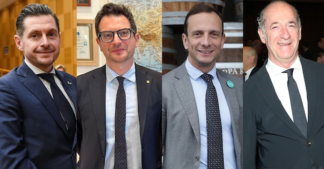 Da sinistra: Marco Fioravanti, sindaco di Ascoli Piceno, Michele Guerra, sindaco di Parma, Massimiliano Fedriga, presidente del Friuli-Venezia Giulia e Luca Zaia, presidente del Veneto