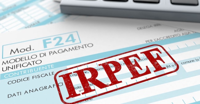 close up view of F24 form for italian taxes,the word irpef and an electronic calculator (3d render)