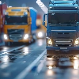 A blue semi truck is driving down a road with two other trucks behind it. The scene is set in a city at night, with the street lights illuminating the area. Scene is one of hustle and bustle