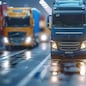 A blue semi truck is driving down a road with two other trucks behind it. The scene is set in a city at night, with the street lights illuminating the area. Scene is one of hustle and bustle