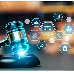 Smart law, legal advice icons and lawyer working tools in the lawyers office showing concept of digital law and online technology of astute law and regulations .