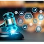 Smart law, legal advice icons and lawyer working tools in the lawyers office showing concept of digital law and online technology of astute law and regulations .