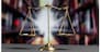 Shiny golden balanced scale in court library background as concept justice and fairness legal symbol. Scale balance for righteous and equality judgment by lawyer and attorney. equility