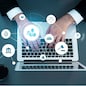 Smart law, legal advice icons and lawyer working tools in the lawyers office showing concept of digital law and online technology of astute law and regulations .