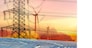 Sustainable energy. Solar farm, wind turbine, and electric pylon with sunset sky. Sustainable resources. Solar, wind power. Renewable energy. Green energy. Carbon neutrality and net zero emissions.