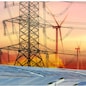 Sustainable energy. Solar farm, wind turbine, and electric pylon with sunset sky. Sustainable resources. Solar, wind power. Renewable energy. Green energy. Carbon neutrality and net zero emissions.