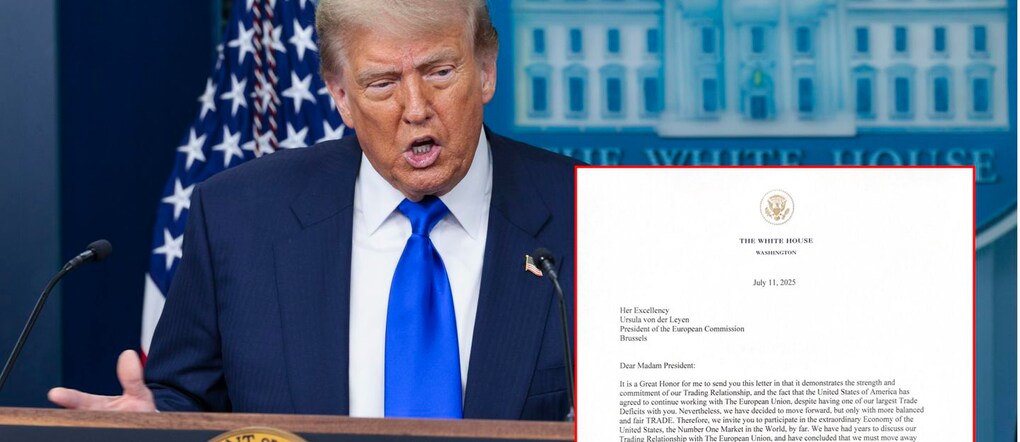Combo di una foto di archivio del presidente degli Stati Uniti Donadl Trump e del testo integrale della sua lettera a Ursula von der Leyen in cui si minacciano dazi al 30% all'Unione europea dal primo agosto. ANSA / EPA /SHAWN THEW
