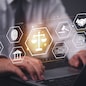 Businessman working laptop with a futuristic legal technology interface. Concept of law, justice, cybersecurity, digital transformation, and online legal services in business and corporate sectors.