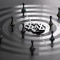 Pawns and target with dollar symbols at the center over black background. Sales rep incentive program. Representatives performance bonuses concept. 3D illustration