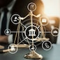 Smart law, legal advice icons and lawyer working tools in the lawyers office showing concept of digital law and online technology of astute law and regulations .