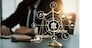 Smart law, legal advice icons and lawyer working tools in the lawyers office showing concept of digital law and online technology of astute law and regulations .