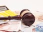 Judge gavel, euro banknotes and calculator