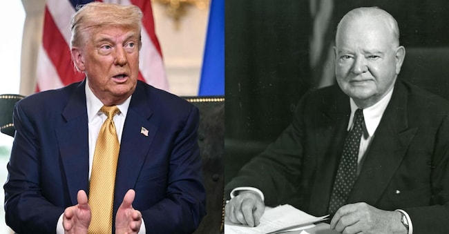 Il Presidente degli Stati Uniti Donald Trump mentre parla con la Presidente della Commissione europea Ursula von der Leyen  durante l’incontro, a Turnberry, nella Scozia sud-occidentale, il 27 luglio 2025. Trump ha dichiarato di avere il 50% di possibilità di raggiungere un accordo con l'Unione Europea entro il 1° agosto 2025. (Foto di Brendan SMIALOWSKI / AFP);  Herbert Hoover (1874-1964) 31° Presidente degli USA fotografato intorno al 1930 (Credit: Pictorial Press Ltd / Alamy Stock Photo)