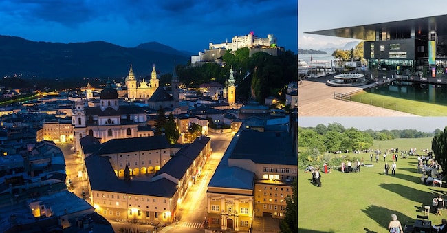 Panoramica dal Kapuzinerberg sul centro storico di Salisburgo e sulla fortezza di Hohensalzburg (Credit: tsg breitegger); Lucerna sala KKL (Credit: Patrick Hürlimann - Lucerna Festival); Glyndebourne Festival Opera - picnic