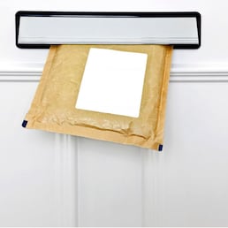A padded envelope in the letterbox of a white front door, blank label for you to add your own name and address.