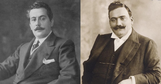 A sinistra: GIACOMO PUCCINI Musicista italiano all'epoca di "Madama Butterfly" Data: 1858 - 1924 (Copyright: Mary Evans Picture Library 2010 tramite AGF); a destra Enrico Caruso, (1873-1921) foto del 1906. (Copyright: Mary Evans Picture Library 2008 tramite AGF)