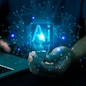 Idea for an AI computer Information and communications technology (IoT) business management solution with artificial intelligence a lightbulb for innovation, a futuristic plan for success.
