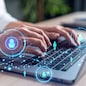 HR woman specialist is typing the keyboard in the internet to find the best candidates to create international network in recruitment process. Formal wear. Social media hologram icons.